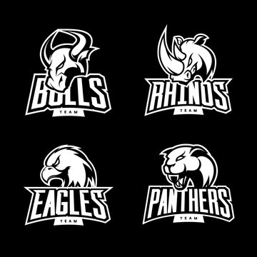 Furious rhino, bull, eagle and panther mono sport vector logo concept set isolated on dark background. 
Premium quality wild animal and bird t-shirt tee print illustration.
