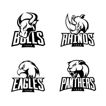Furious rhino, bull, eagle and panther mono sport vector logo concept set isolated on white background. 
Premium quality wild animal and bird t-shirt tee print illustration.