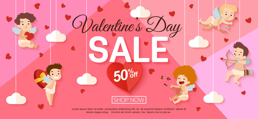 Valentines day sale banner with hanging cupid. Vector illustration.