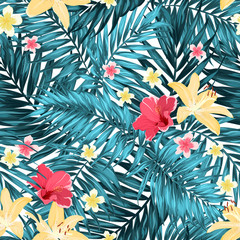 Seamless Tropical Jungle Palm Leaves Pattern with Lily, Hibiscus and Plumeria Flowers. Green Blue Turquoise on White Background. Bright Colorful Exotic Rain Forest Camouflage Texture.