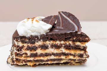 Dark chocolate cake slice with white cream, nuts and curl, close up