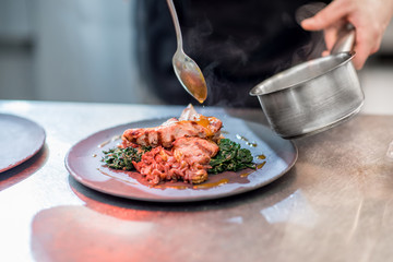 Decorating delicious meal with souse at the restaurant kitchen