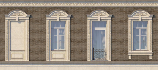 Framing of windows in classic style on the brick wall of brown color. 3d render.