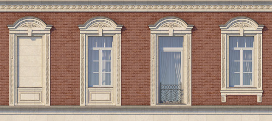 Framing of windows in classic style on the brick wall of red color. 3d render.