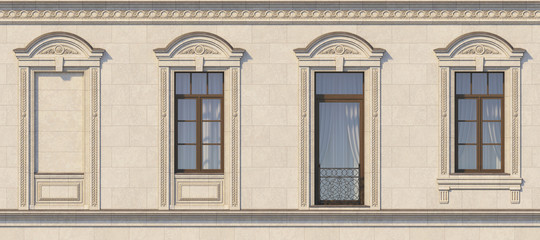 Framing of windows in classic style on the stone. 3d rendering.