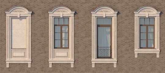 Framing of windows in classic style on the brick wall of brown color. 3d render.