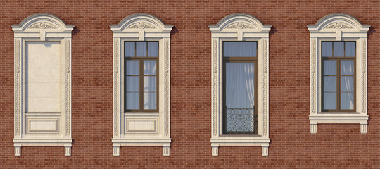 Framing of windows in classic style on the brick wall of red color. 3d render.