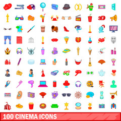 100 cinema icons set, cartoon style