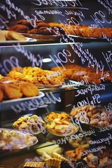 Behind the glass window of the cafe, covered with inscriptions with the name and prices, wide range of confectionery for tea and coffee to relax with family and friends, close up.