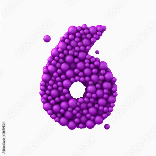 "Number 6 made of plastic beads, purple bubbles, isolated on whit