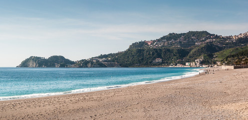 panorama Beach and Taormina from Letojanni, Sicily, Italy