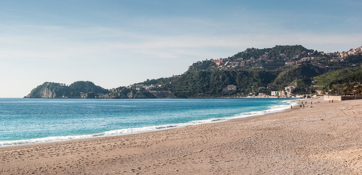 panorama Beach and Taormina from Letojanni, Sicily, Italy