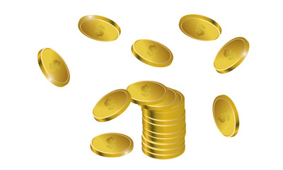 Warm gold coins falling texture isolated on light in different positions. 