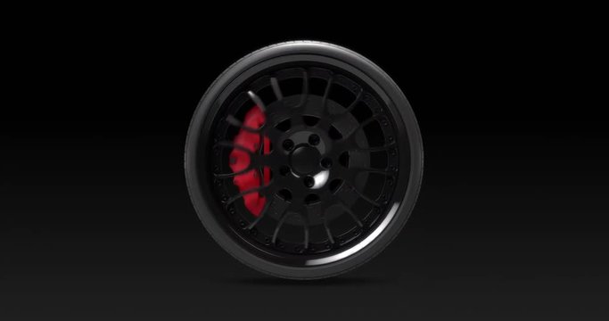 Single sport car wheel speeding. Cg animation with seamless loop