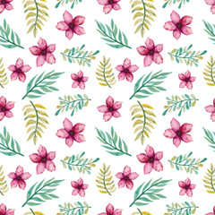 Seamless Pattern of Watercolor Deep Pink Flowers