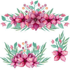 Set Of Bouquets With Watercolor Deep Pink Flowers And Leaves