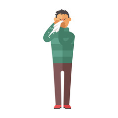 Illness flu man feeling cold and blowing his nose vector illustration.