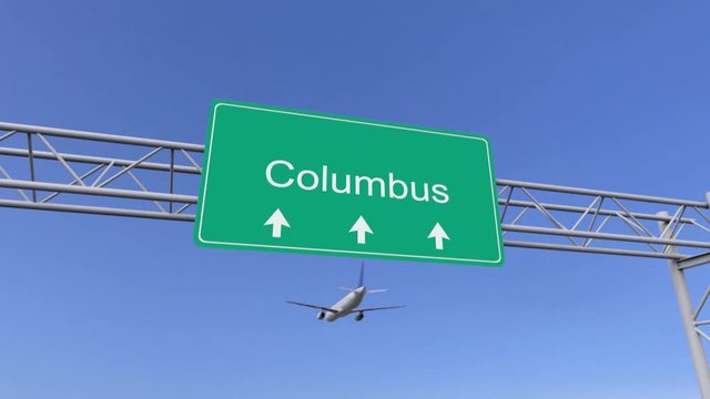 Twin engine commercial airplane arriving to Columbus airport. Travelling to United States conceptual 4K animation