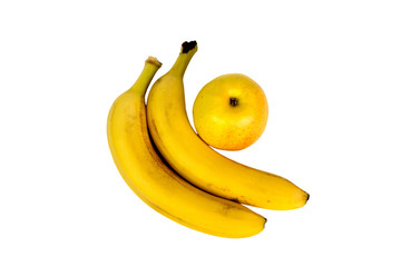 two bananas and an Apple on white background isolated. Healthy food. Fruits