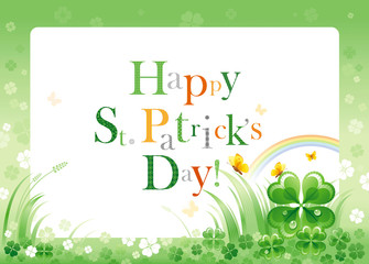 Happy Saint Patrick day border flyer, isolated background. Irish shamrock clover leaf frame, rainbow, green grass, copyspace. Traditional Northern Ireland celtic holiday. Text letter logo poster.