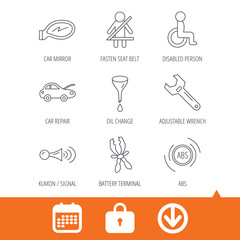 Car mirror repair, oil change and wrench tool icons. ABS, klaxon signal and fasten seat belt linear signs. Disabled person icons. Download arrow, locker and calendar web icons. Vector