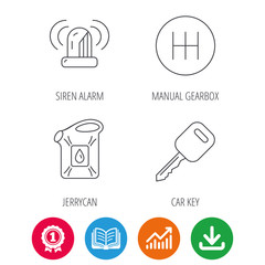 Manual gearbox, jerrycan and car key icons. Siren alarm, fuel jerrycan linear signs. Award medal, growth chart and opened book web icons. Download arrow. Vector