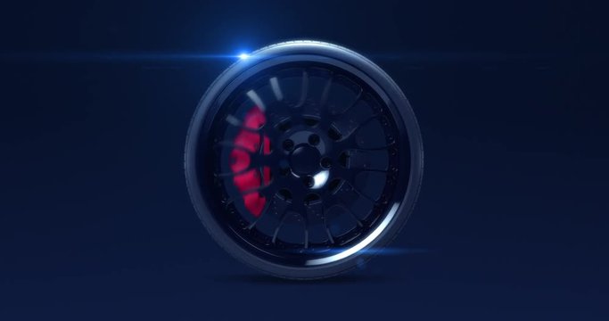 Single sport car tire speeding with lens flare. Cg animation with seamless loop