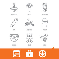 Newborn, diapers and bear toy icons. First bike, bow and pin linear signs. Rattle, whirligig and bucket flat line icons. Download arrow, locker and calendar web icons. Vector