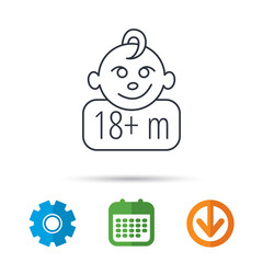 Baby face icon. Newborn child sign. Use of one and half year and plus symbol. Calendar, cogwheel and download arrow signs. Colored flat web icons. Vector