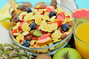 cornflake with fruit on table