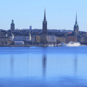 Stockholm, Sweden - March, 16, 2016: panorama of Old Town of Stockholm, Sweden, with the boats on a sea