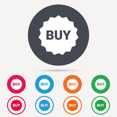 Buy icon. Online shopping star symbol. Round circle buttons. Colored flat web icons. Vector