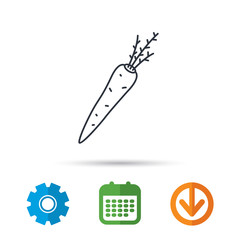 Carrot icon. Vegetarian food sign. Natural vegetable symbol. Calendar, cogwheel and download arrow signs. Colored flat web icons. Vector