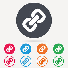 Chain icon. Internet web hyperlink symbol. Round circle buttons. Colored flat web icons. Vector