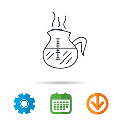 Coffee kettle icon. Hot drink pot sign. Calendar, cogwheel and download arrow signs. Colored flat web icons. Vector