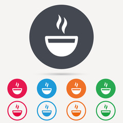Coffee cup icon. Hot tea drink symbol. Round circle buttons. Colored flat web icons. Vector