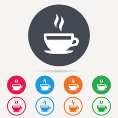 Coffee cup icon. Hot tea drink symbol. Round circle buttons. Colored flat web icons. Vector
