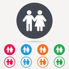Couple icon. Traditional young family symbol. Round circle buttons. Colored flat web icons. Vector