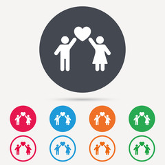 Couple love icon. Traditional young family symbol. Round circle buttons. Colored flat web icons. Vector