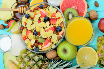 cornflake with fruit on table