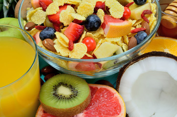 cornflake with fruit on table