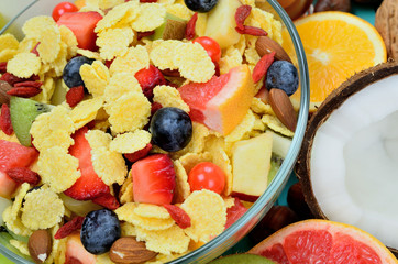 cornflake with fruit on table