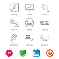 Monitor, printer and wi-fi router icons. Video chat, electric plug and pc mouse linear signs. Projector, hard disk icons. New tag, shield and calendar web icons. Download arrow. Vector