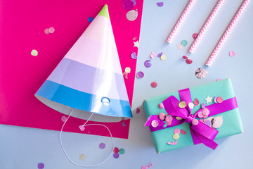 concept birthday party top view on white background mock up