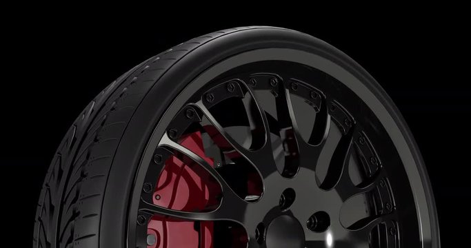 Sport car wheel rotating slowly. Cg animation with seamless loop and luma channel