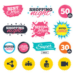 Group of people and share icons. Video camera.