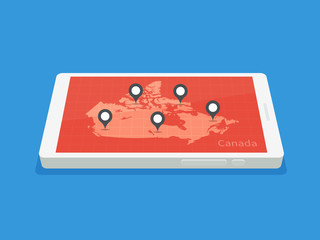 Map of Canada on Smartphone with GPS location Markers