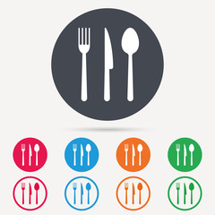 Fork, knife and spoon icons. Cutlery symbol. Round circle buttons. Colored flat web icons. Vector