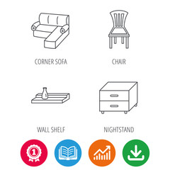 Corner sofa, nightstand and chair icons. Wall shelf linear sign. Award medal, growth chart and opened book web icons. Download arrow. Vector