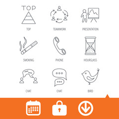 Teamwork, presentation and phone call icons. Chat speech bubble, hourglass and bird linear signs. Smoking, pyramid icons. Download arrow, locker and calendar web icons. Vector